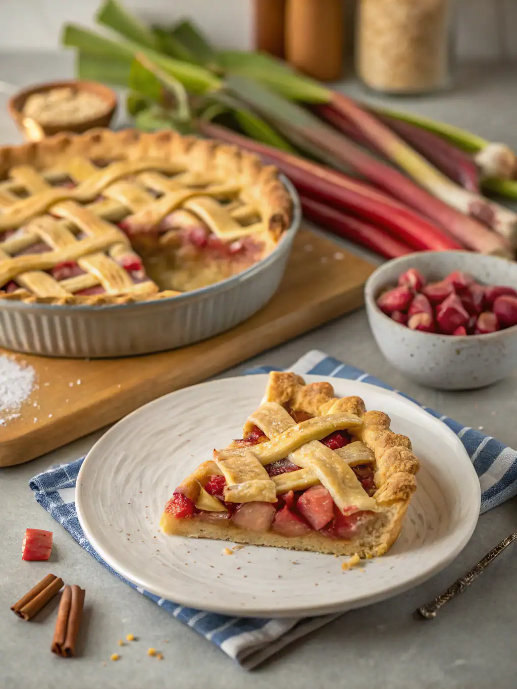 Rhubarb and strawberry pie with lattice crust served on a white plate, surrounded by fresh rhubarb stalks, baking ingredients, and a striped cloth for a delicious homemade dessert.