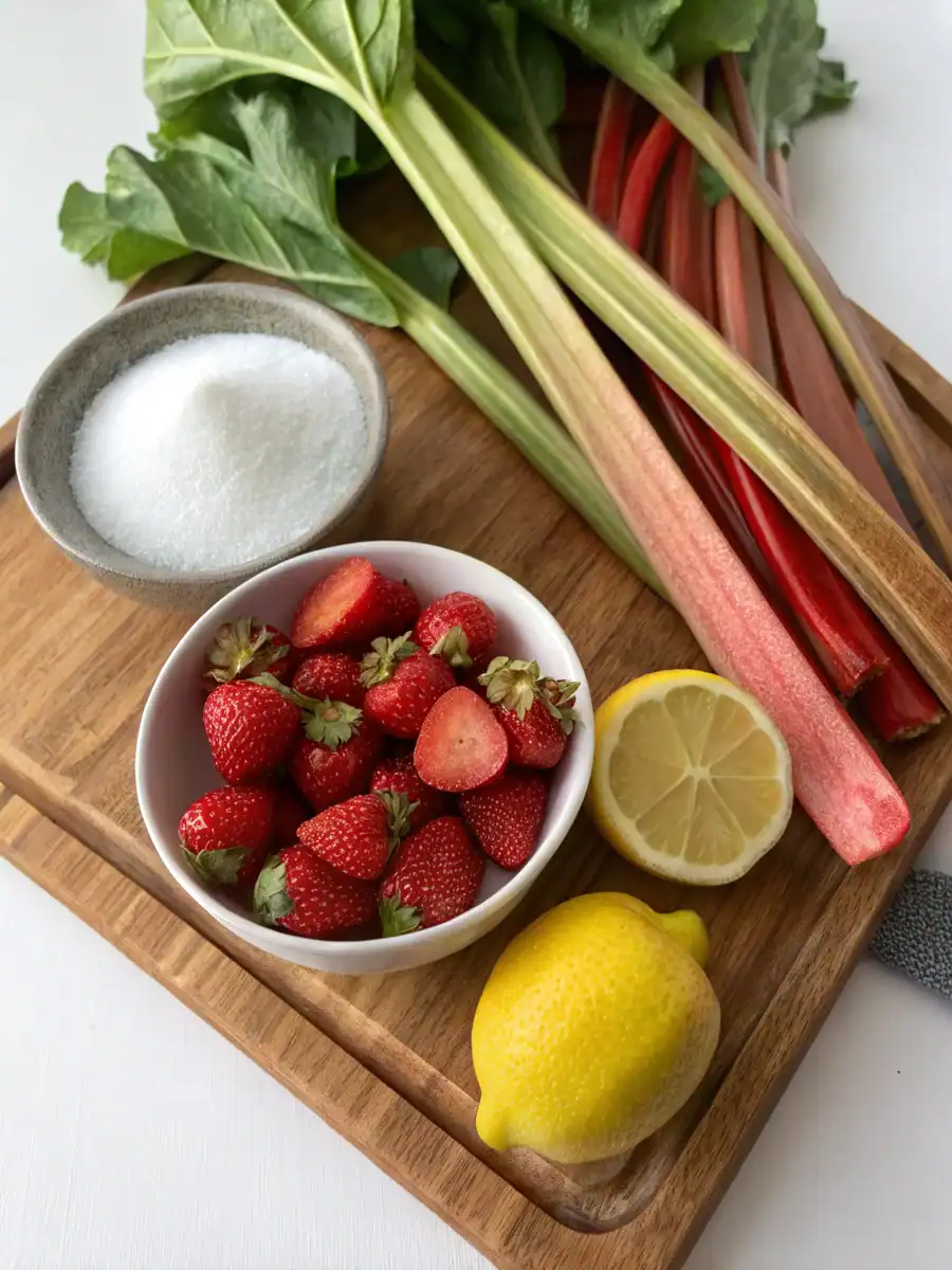 Ingredients for rhubarb recipe including fresh rhubarb stalks, sugar, and optional flavourings