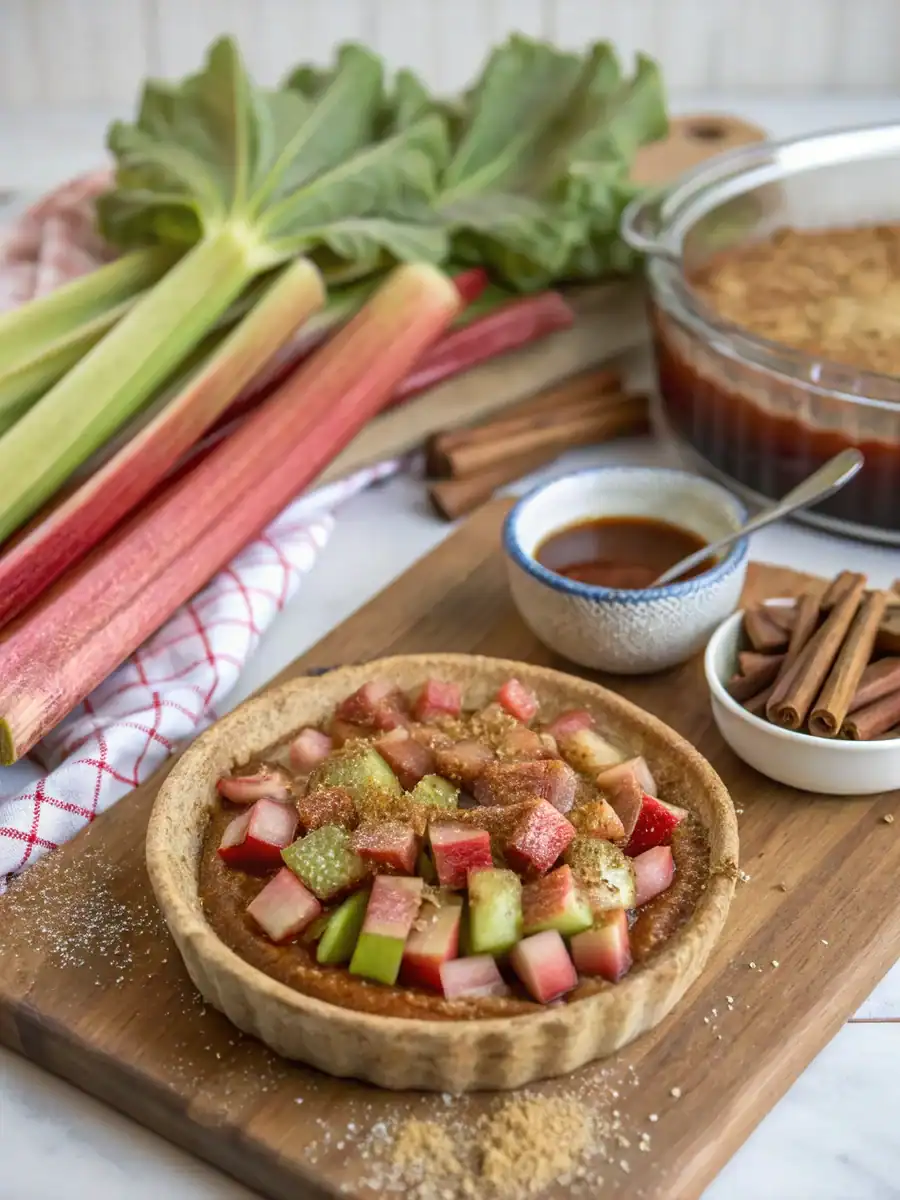 Rhubarb pie topped with fresh chopped rhubarb, sugar, and spices on a wooden cutting board with a bowl of vanilla sauce and cinnamon sticks, surrounded by fresh rhubarb stalks and baking ingredients.