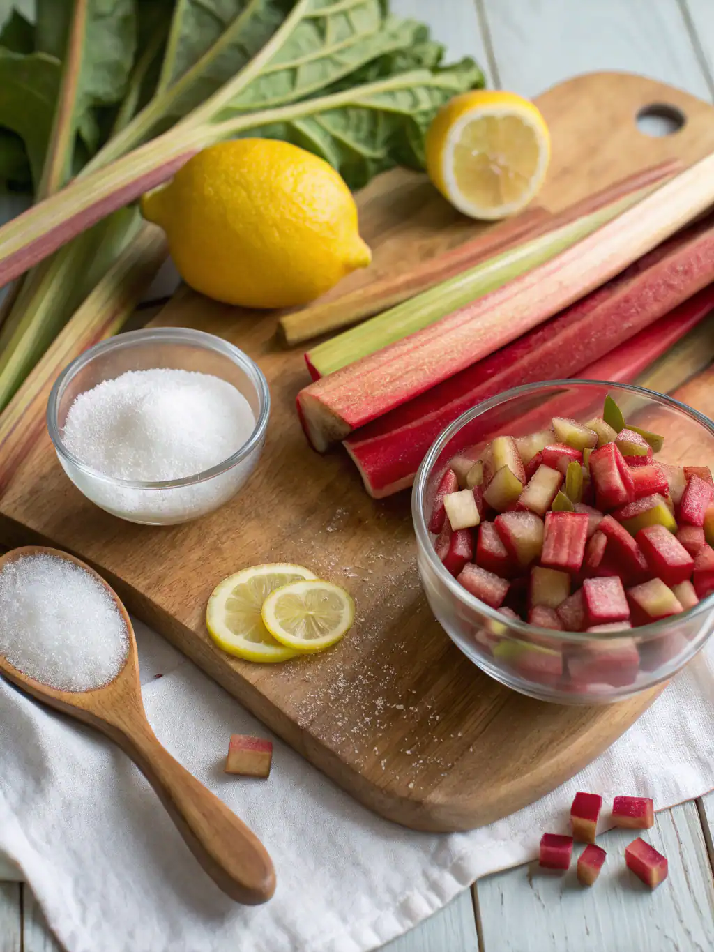 Ingredients for Rhubarb Sauce: Fresh rhubarb stalks, sugar, water, and lemon.