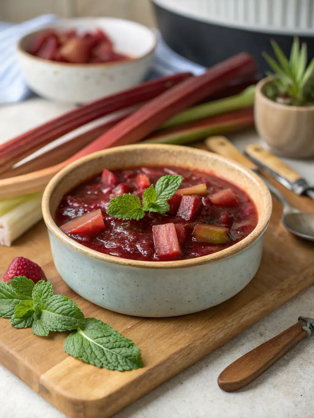 Rhubarb crisp served in a rustic bowl with fresh mint garnish; ideal for promoting recipes with rhubarb and easy dessert ideas.