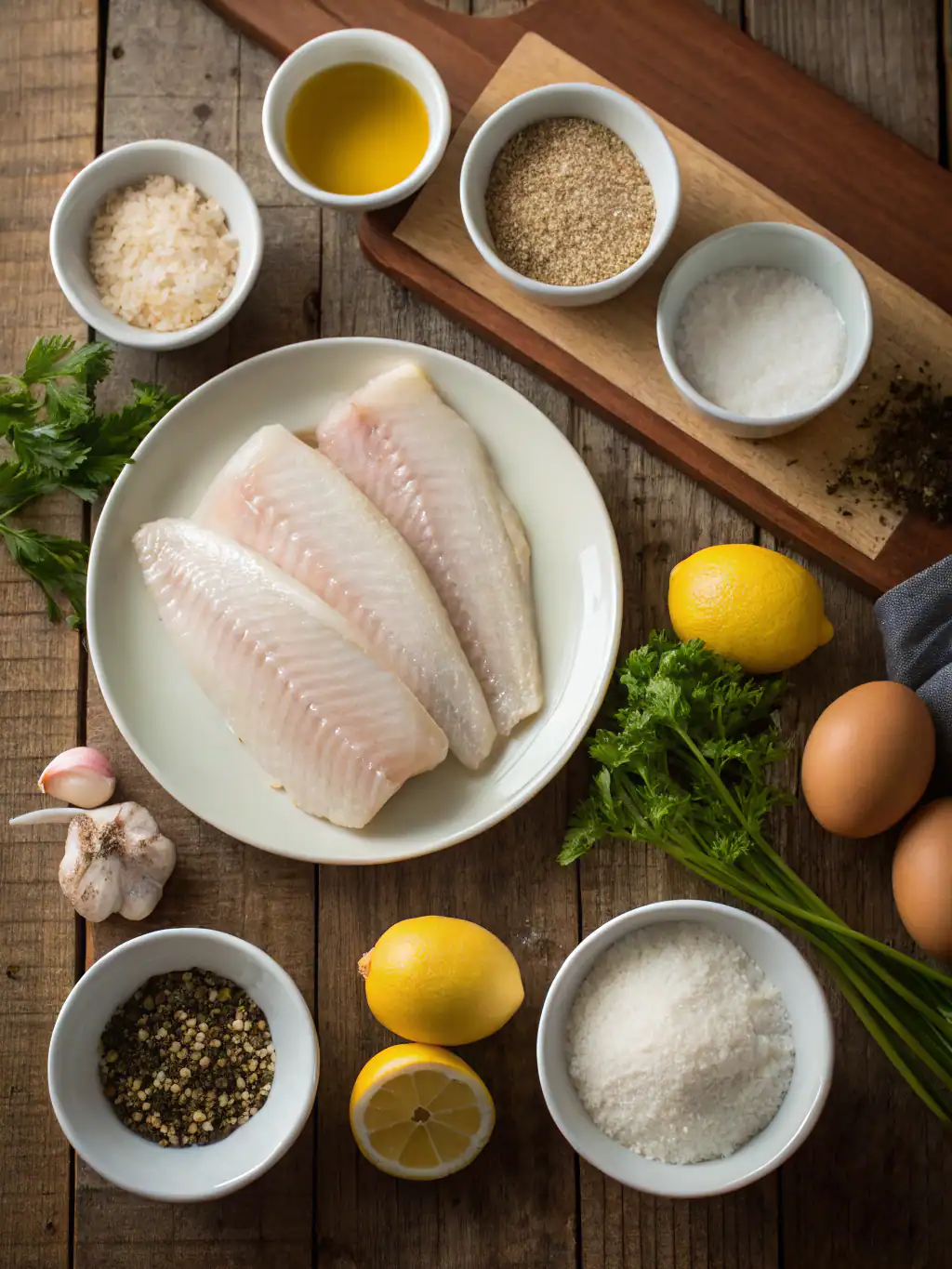 Juvenile fish fillets with fresh herbs, lemons, garlic, spices, and seasonings on rustic wooden background, ready for cooking, ideal for seafood recipes.