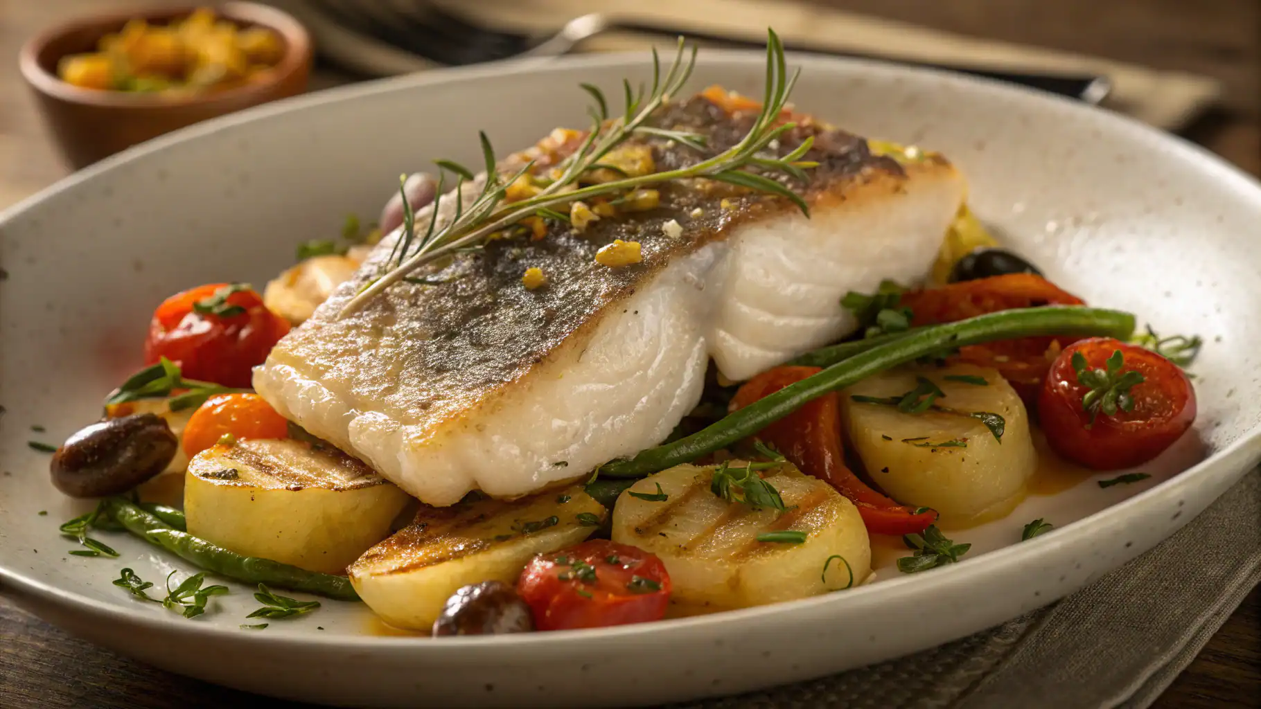 Freshly cooked fish fillet with roasted vegetables, cherry tomatoes, and herbs on a ceramic plate, perfect for healthy meal recipes and gourmet seafood dishes.