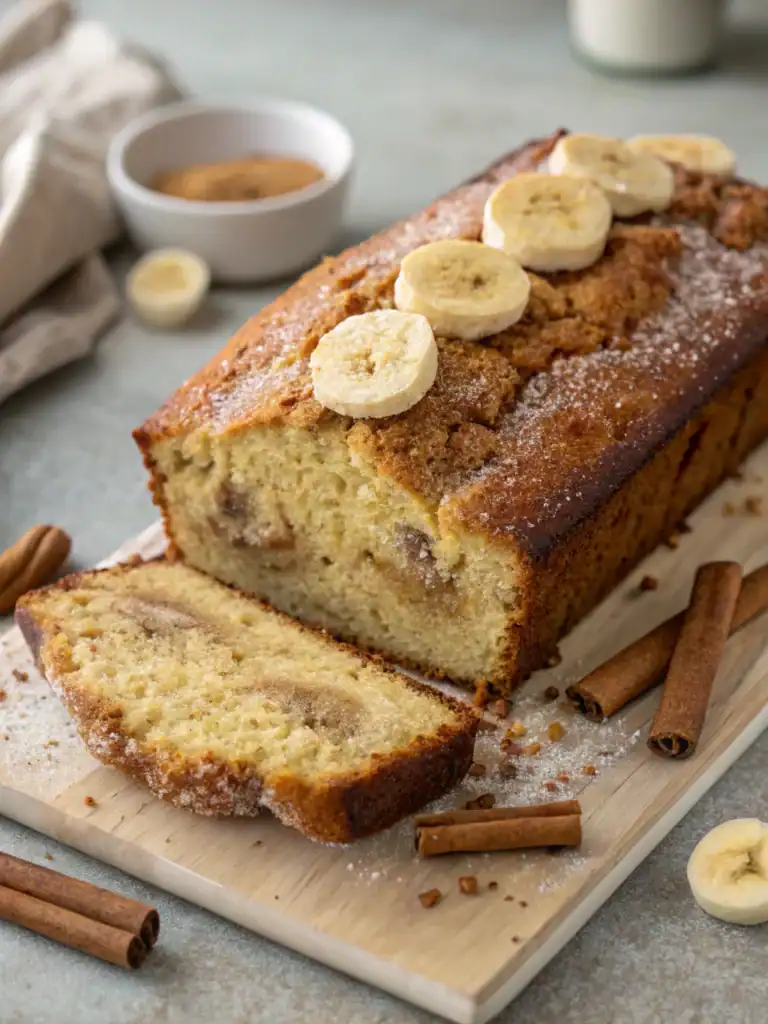 Sweet banana bread loaf with sliced banana topping on a wooden board, cinnamon sticks, and a small bowl of caramel sauce in the background. Perfect for breakfast, snack, or dessert. Freshly baked homemade banana bread.