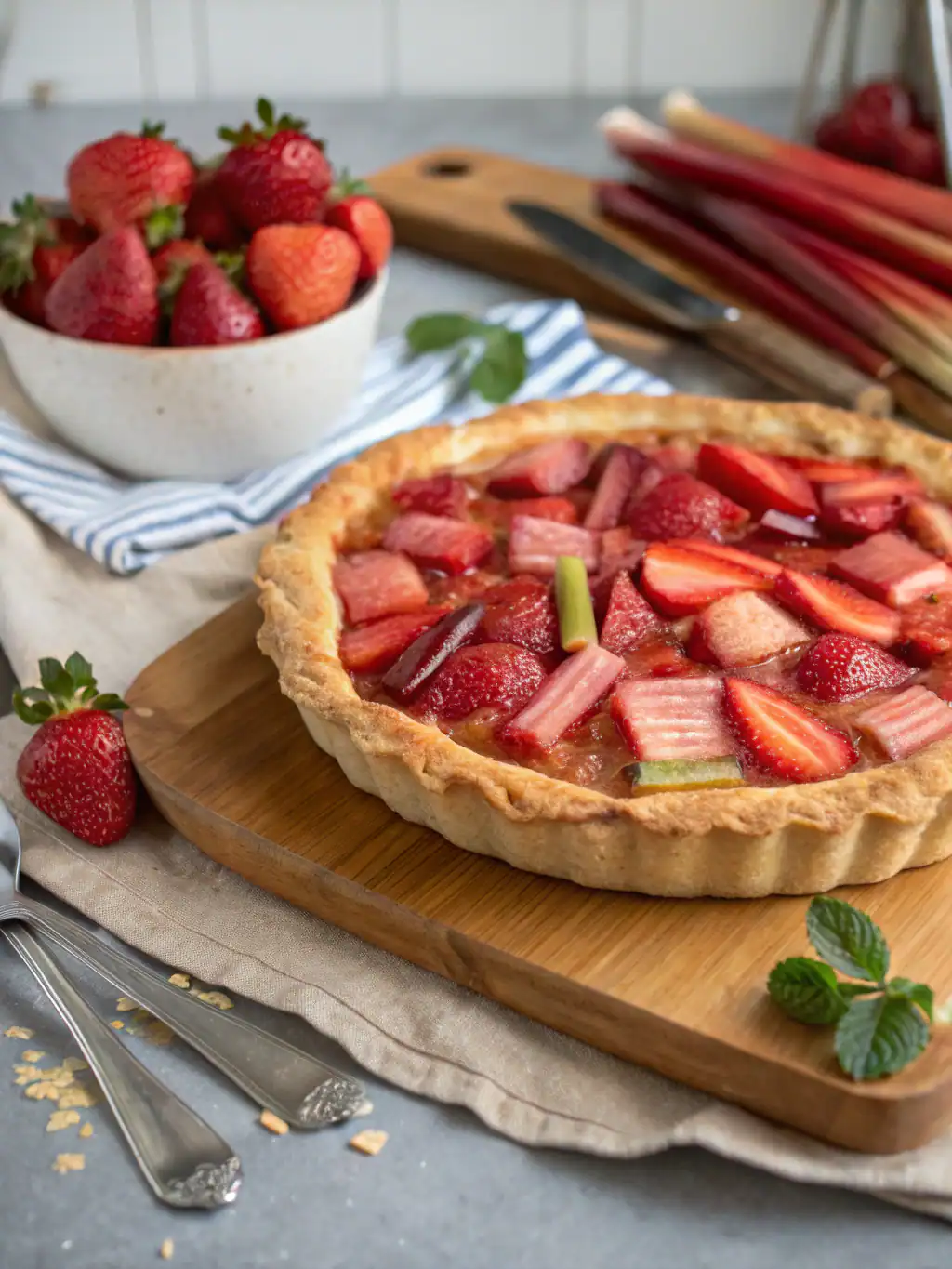 Fresh strawberry rhubarb tart with a buttery crust, served on a wooden cutting board with a bowl of ripe strawberries in the background. Perfect for summer dessert or brunch.