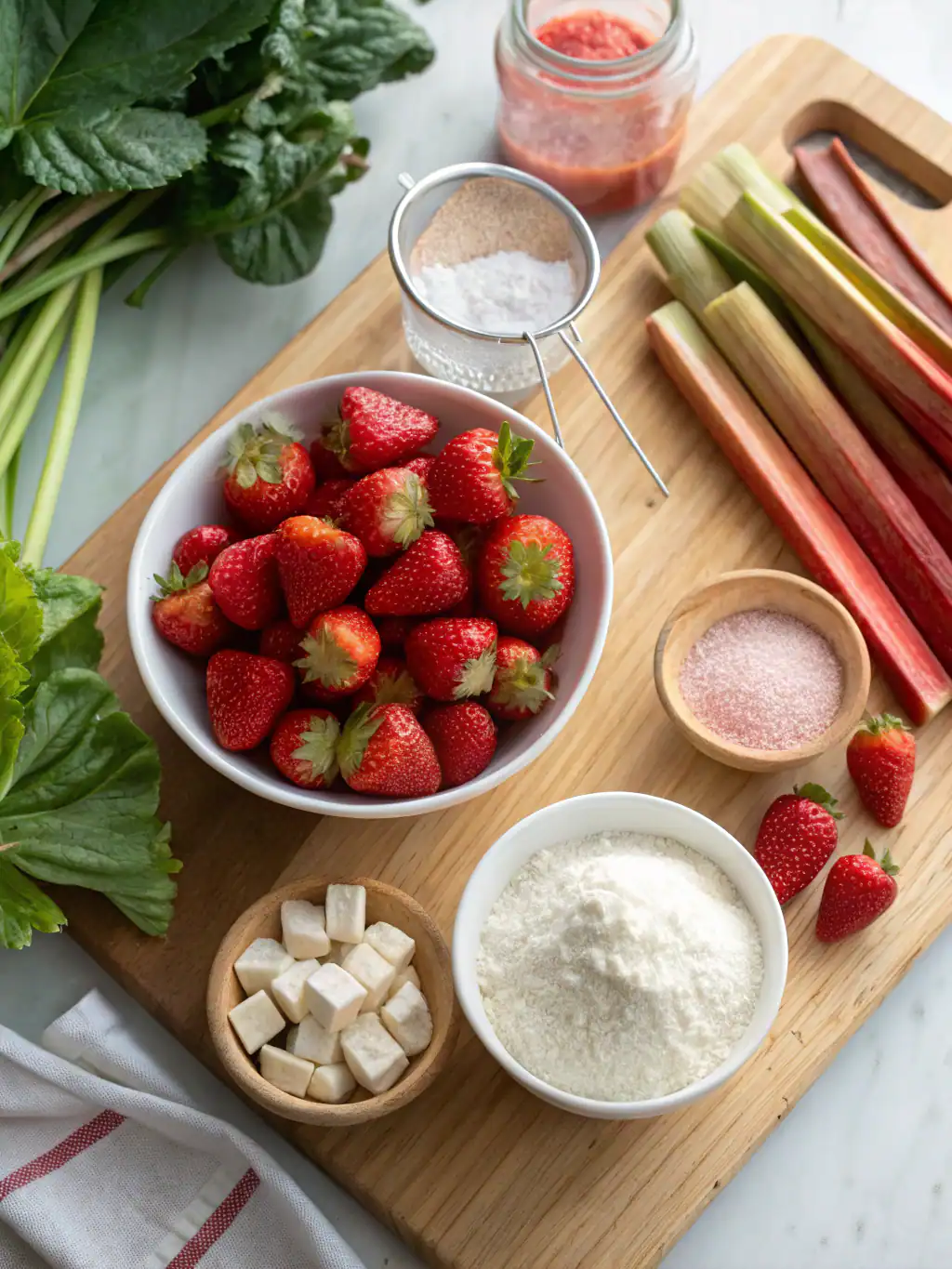 Fresh strawberries, rhubarb, sugar, flour, and marshmallows on a wooden cutting board for dessert recipes.