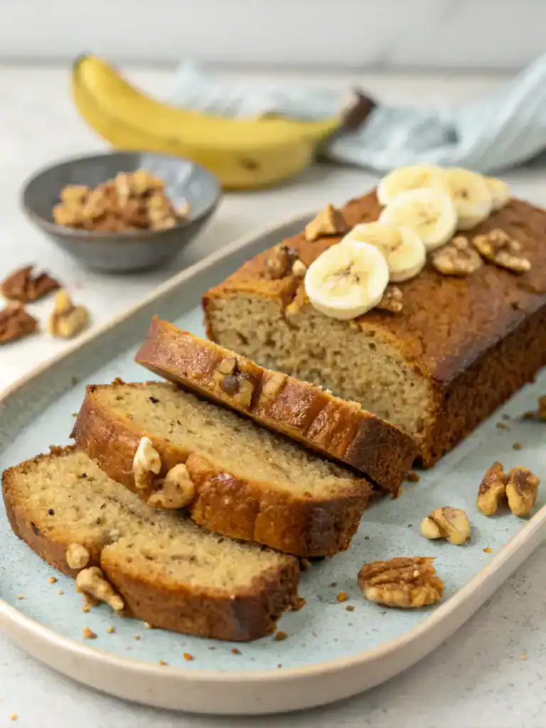 Moist banana nut bread topped with banana slices and walnuts, served on a white platter with fresh bananas and walnuts in the background, perfect for breakfast or snack.