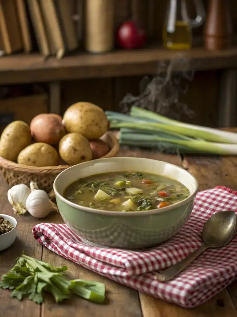 Fresh homemade vegetable soup with potatoes, garlic, green onions, and herbs on a rustic wooden table. Perfect for healthy eating and comfort food.