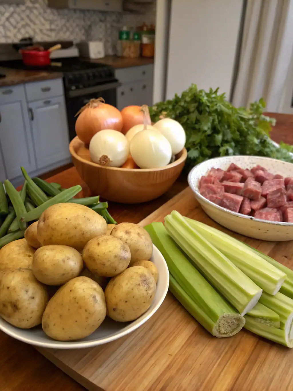 Fresh farm vegetables including potatoes, onions, celery, and green beans on a wooden kitchen counter, ready for cooking.