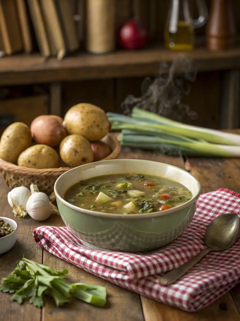 Fresh homemade vegetable soup with potatoes, garlic, green onions, and herbs on a rustic wooden table. Perfect for healthy eating and comfort food.
