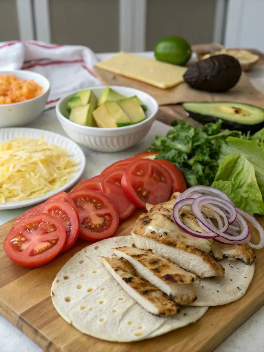 Fresh grilled chicken on tortillas with sliced tomatoes, onions, and salad for tasty homemade burritos or wraps. Colorful vegetables and avocados ready for a nutritious meal.