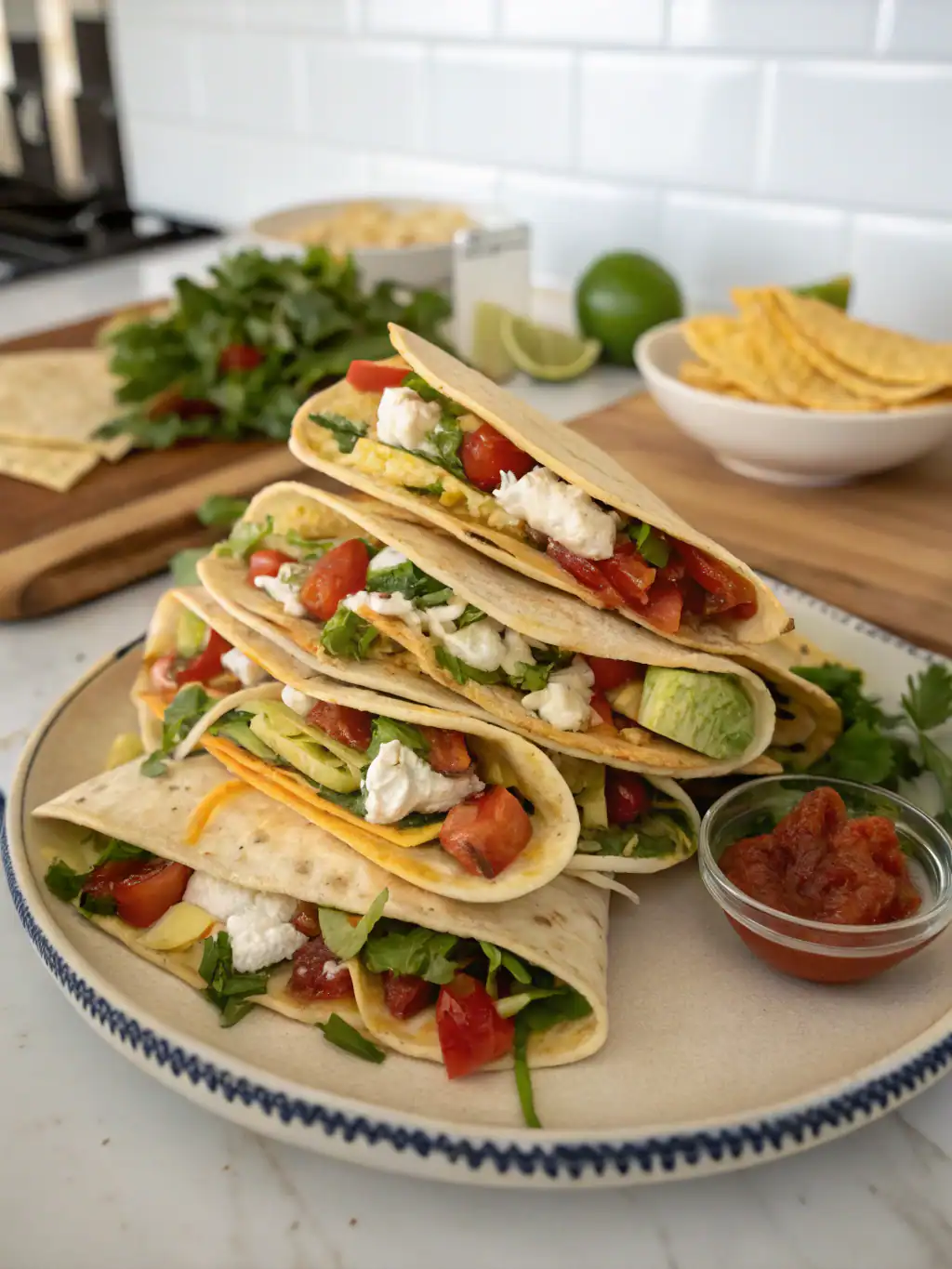 Fresh homemade tacos filled with vegetables, cheese, and salsa, served on a decorative plate with side salsa and garnished with lime and fresh herbs. Perfect for a quick, delicious meal.