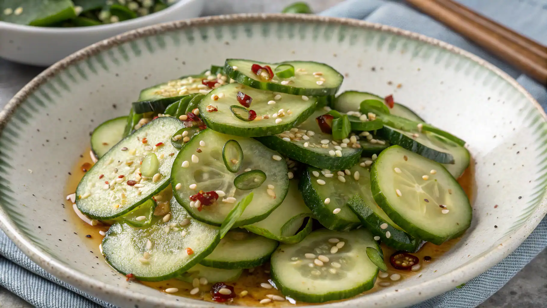 Fresh cucumber salad garnished with sesame seeds, chili flakes, and chopped scallions, served in a rustic ceramic bowl for a healthy, flavorful dish.