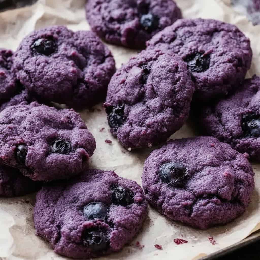 Purple blueberry cookies with a powdered sugar coating on a baking tray.