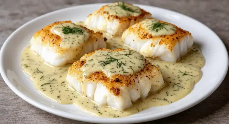 Delicious baked white fish fillets with creamy dill sauce on a white plate, served for a healthy meal. Perfect for seafood lovers and easy to prepare with fresh ingredients.