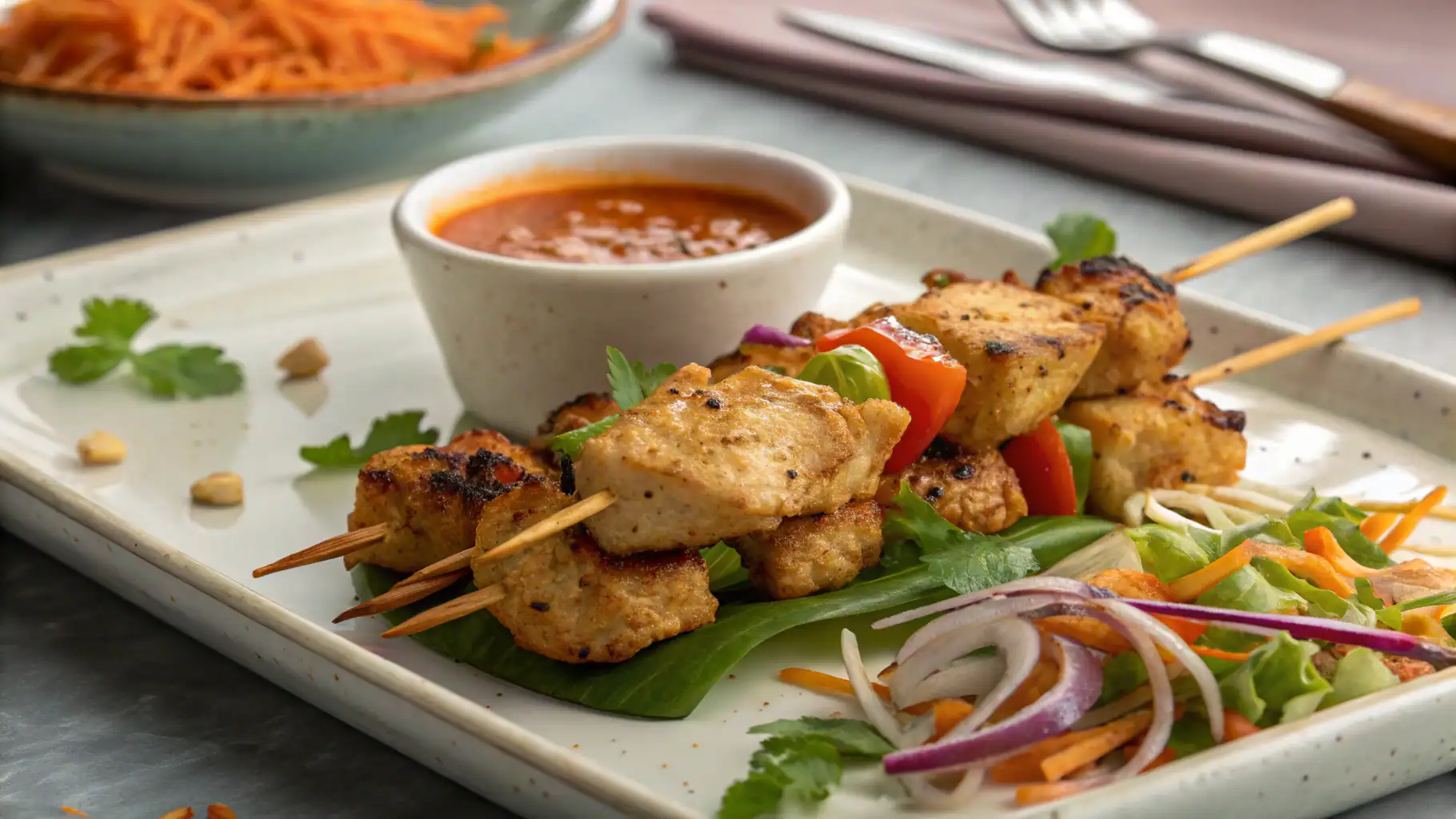 Grilled chicken skewers with fresh vegetables and spicy dipping sauce on a white rectangular plate. Perfect for delicious Asian-inspired recipes and healthy meal options from Recipestang.