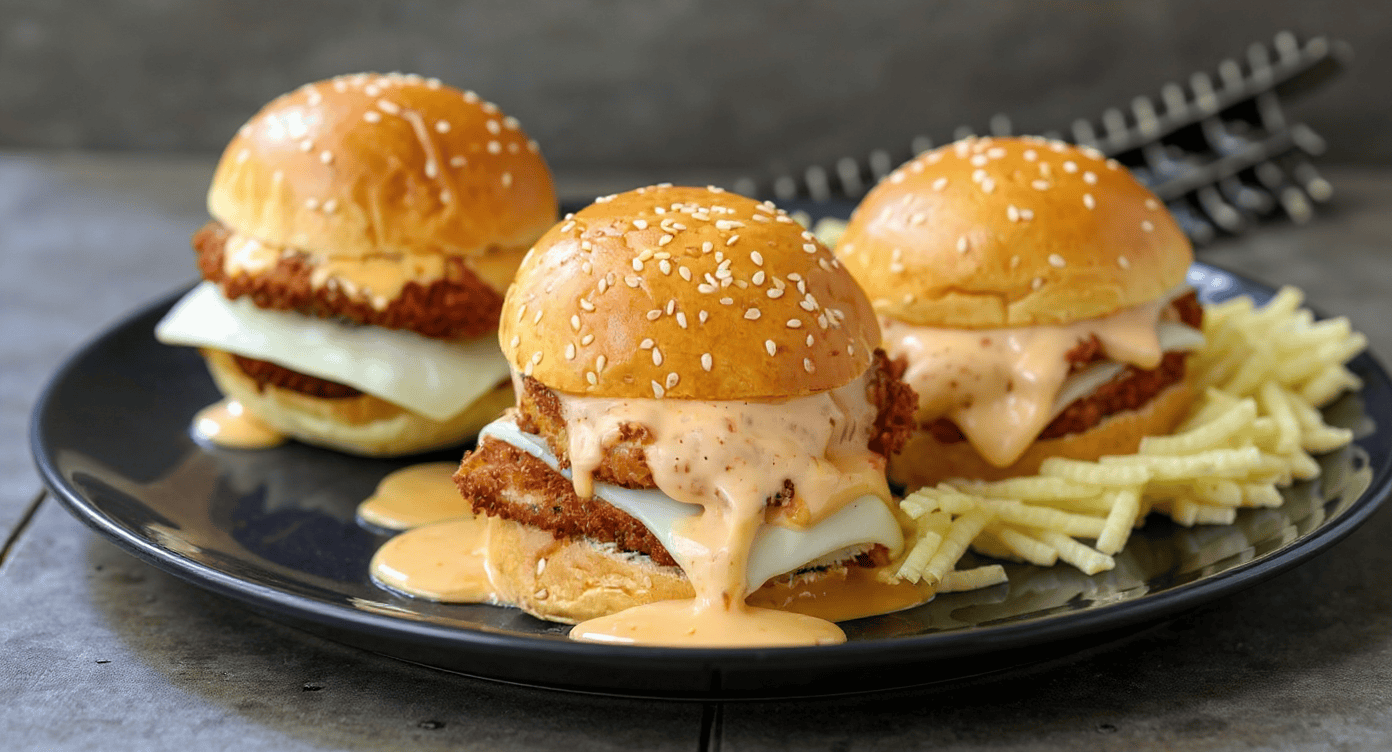 Juicy fried chicken sliders topped with melted cheese, creamy sauce, and sesame buns served with crispy fries on a black plate.
