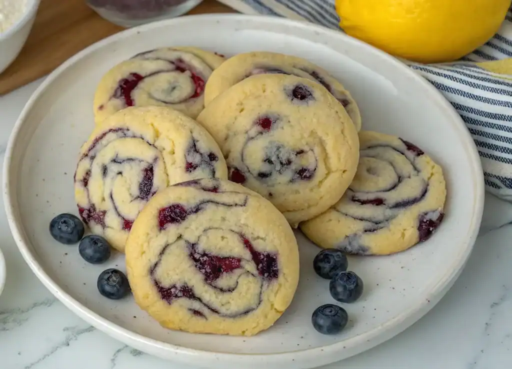 Fluffy blueberry lemon swirl cookies on a white plate with fresh blueberries and ingredients like lemon, flour, and sugar in the background. Perfect for homemade baking recipes.
