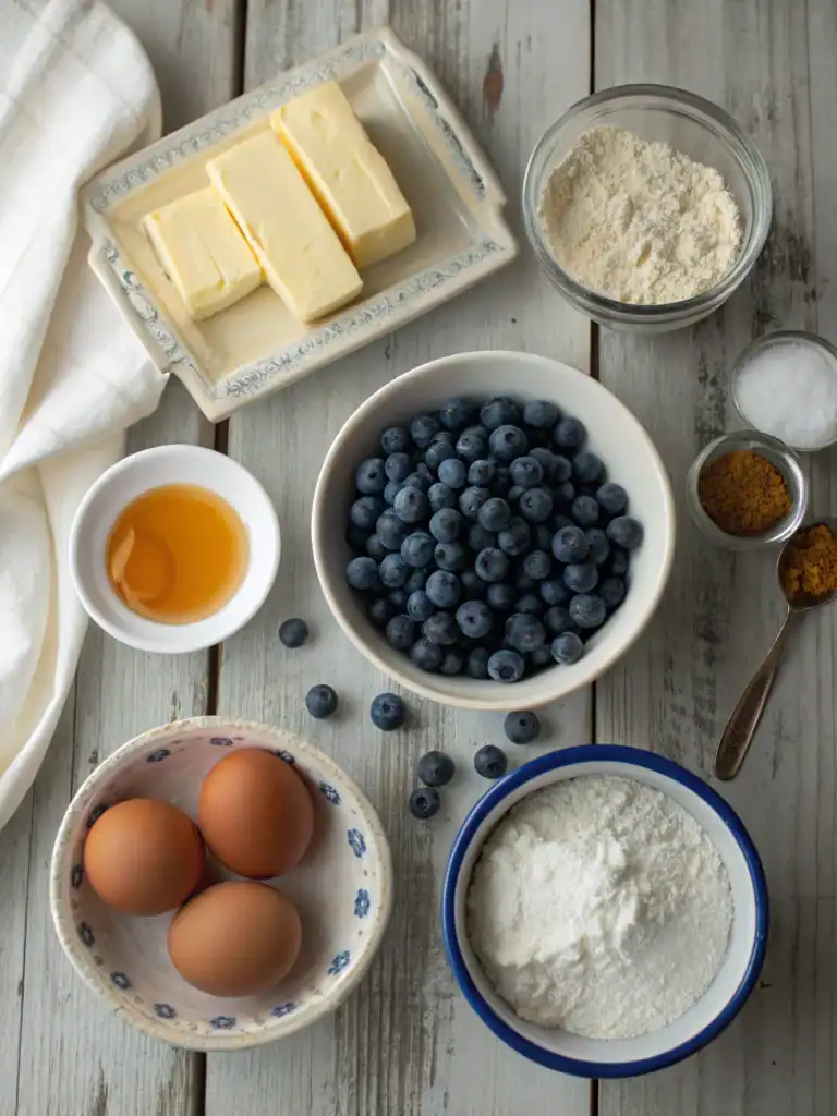 Fresh blueberries, butter, eggs, flour, vanilla extract, honey, baking powder, and salt ingredients for baking recipes on a rustic wooden surface.