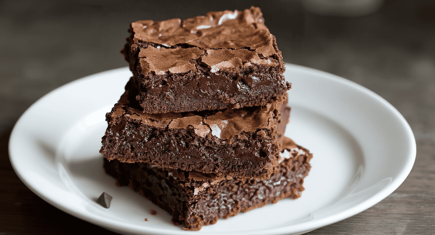 Rich, homemade chocolate brownies stacked on a white plate, showcasing their fudgy texture and cracked top, perfect for chocolate lovers and baking enthusiasts.
