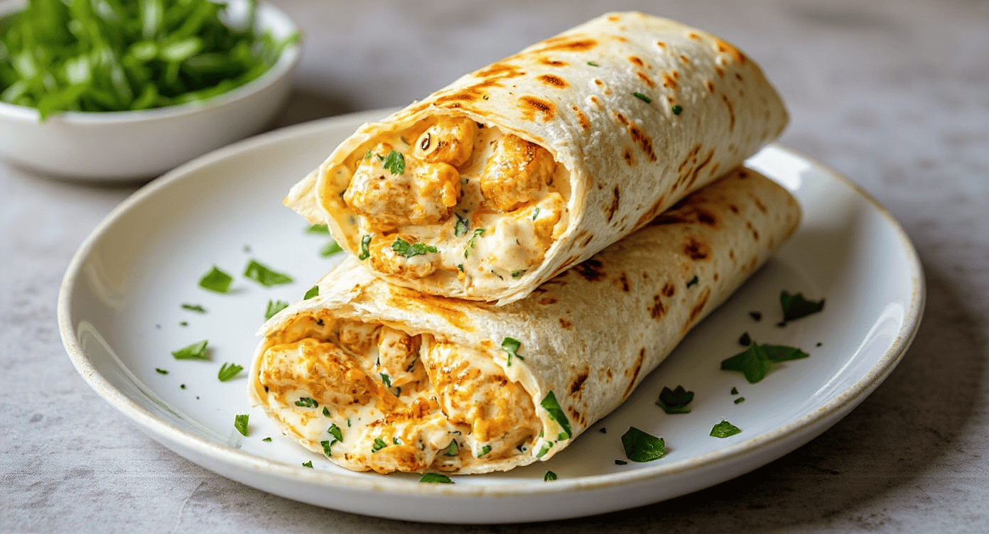 Creamy chicken and cheese burritos with melted cheese, garnished with fresh herbs on a white plate, perfect for easy and delicious recipes.