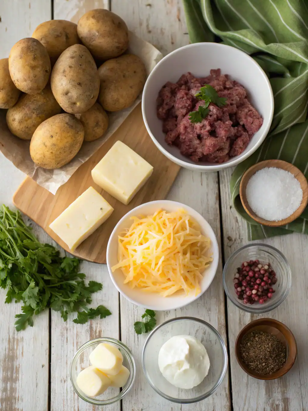 Ingredients for Cheesy Ground Beef-Stuffed Crispy Mashed Potatoes