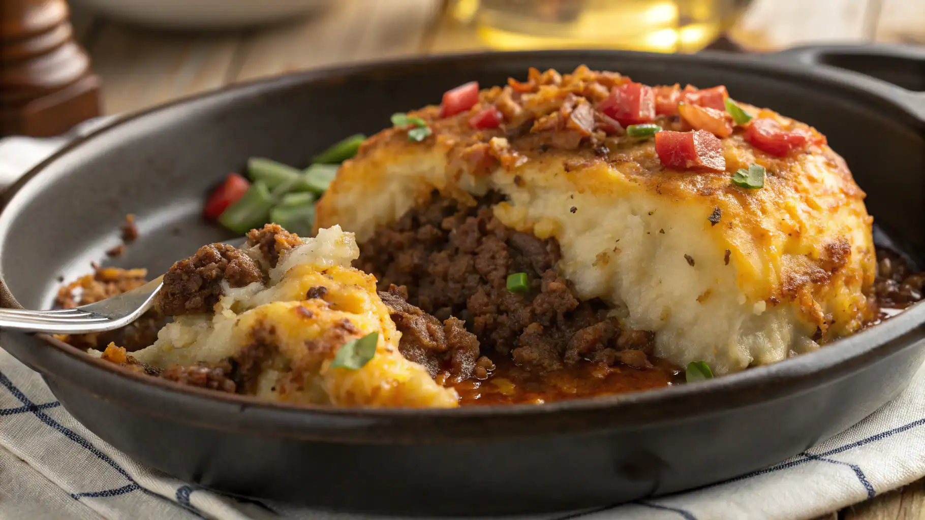 Savory shepherd's pie in a cast iron skillet topped with melted cheese, diced tomatoes, and chopped green onions, showcasing comforting homemade comfort food.