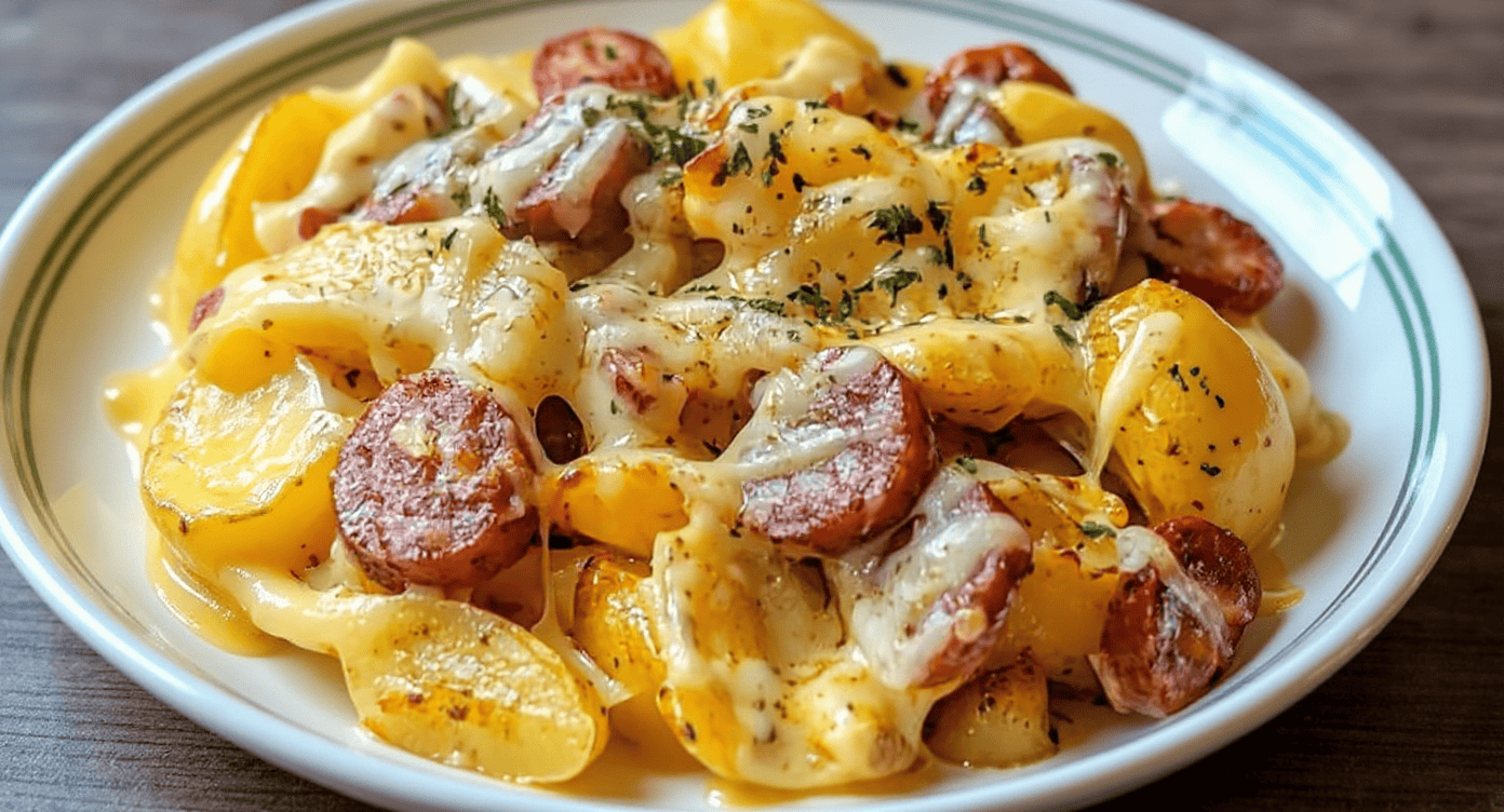Savory sausage and potato cheesy casserole with melted cheese and herbs, perfect for comfort food and meal prep. Easy to make and full of flavor.