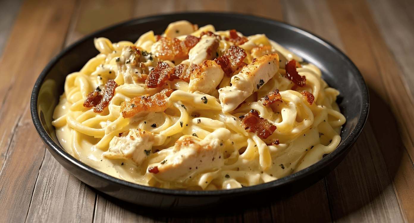 Creamy chicken and bacon alfredo pasta dish served in a black bowl on a wooden table.