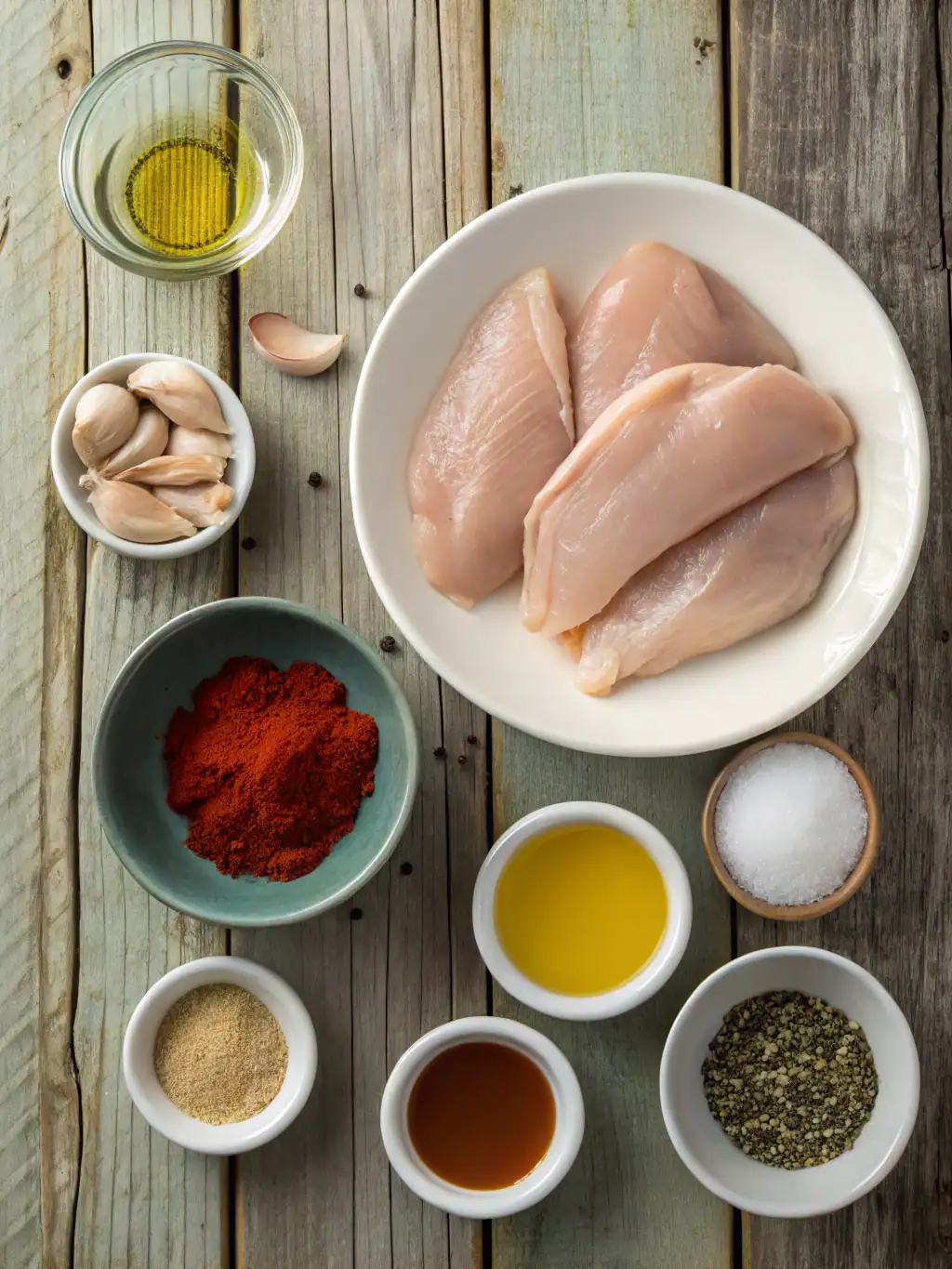 Juicy raw chicken breasts with spices, garlic, oil, and herbs ready for cooking, on a rustic wooden background for tasty chicken recipes.