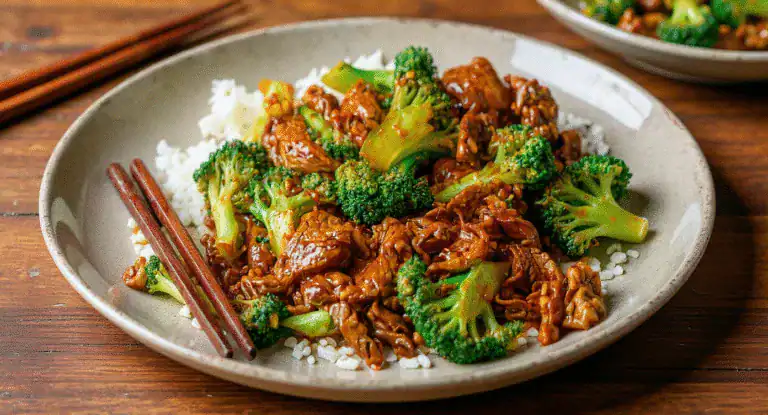 Stir-fried beef with broccoli served over white rice on a ceramic plate, with chopsticks resting on the side, showcasing an Asian-inspired homemade dish.
