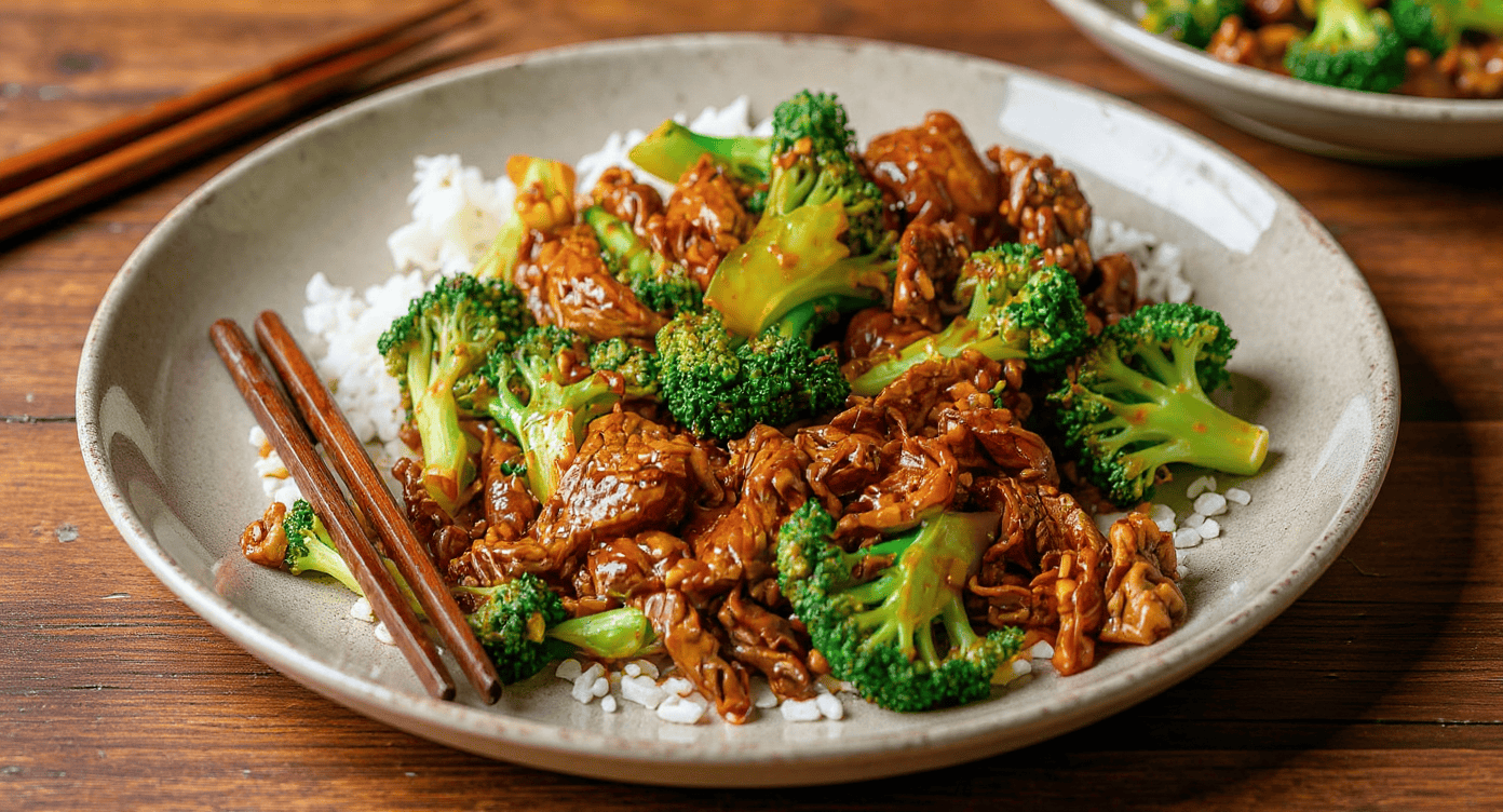 Stir-fried beef with broccoli served over white rice on a ceramic plate, with chopsticks resting on the side, showcasing an Asian-inspired homemade dish.