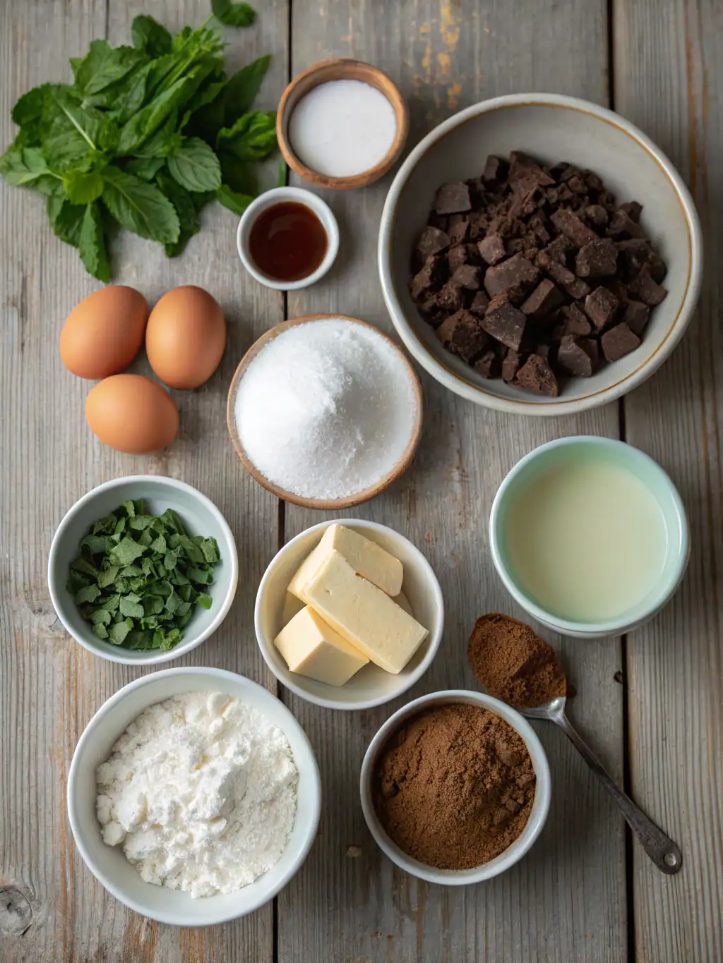Dark chocolate chunks with baking ingredients and fresh herbs on a rustic wooden surface, perfect for making delicious desserts or recipes.