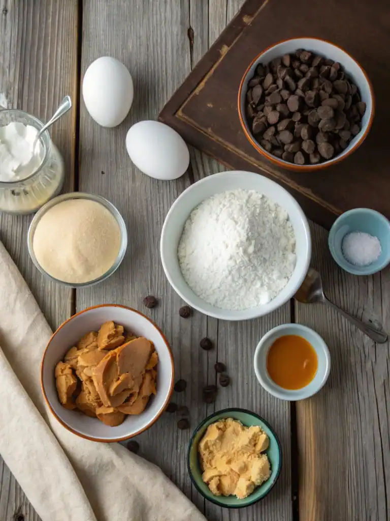 Creamy chocolate chip cookie dough ingredients with eggs, flour, chocolate chips, butter, sugar, salt, vanilla extract, and baking powder, displayed on a rustic wooden surface.