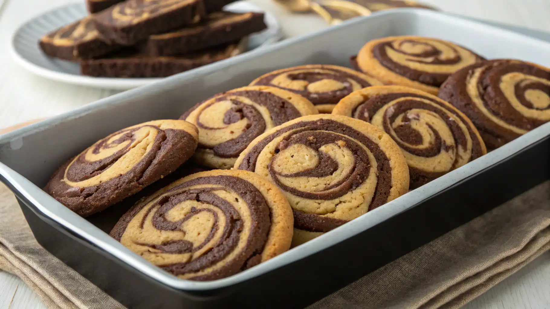 Delicious chocolate and vanilla swirl cookies arranged in a baking dish, perfect for dessert or snack. Homemade cookies with a marbled pattern, ideal for sharing and enjoying with family.