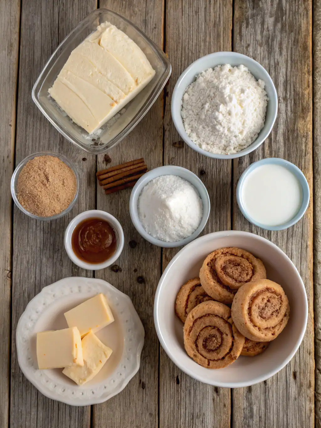Ingredients for Cinnamon Roll Cheesecake Cookies