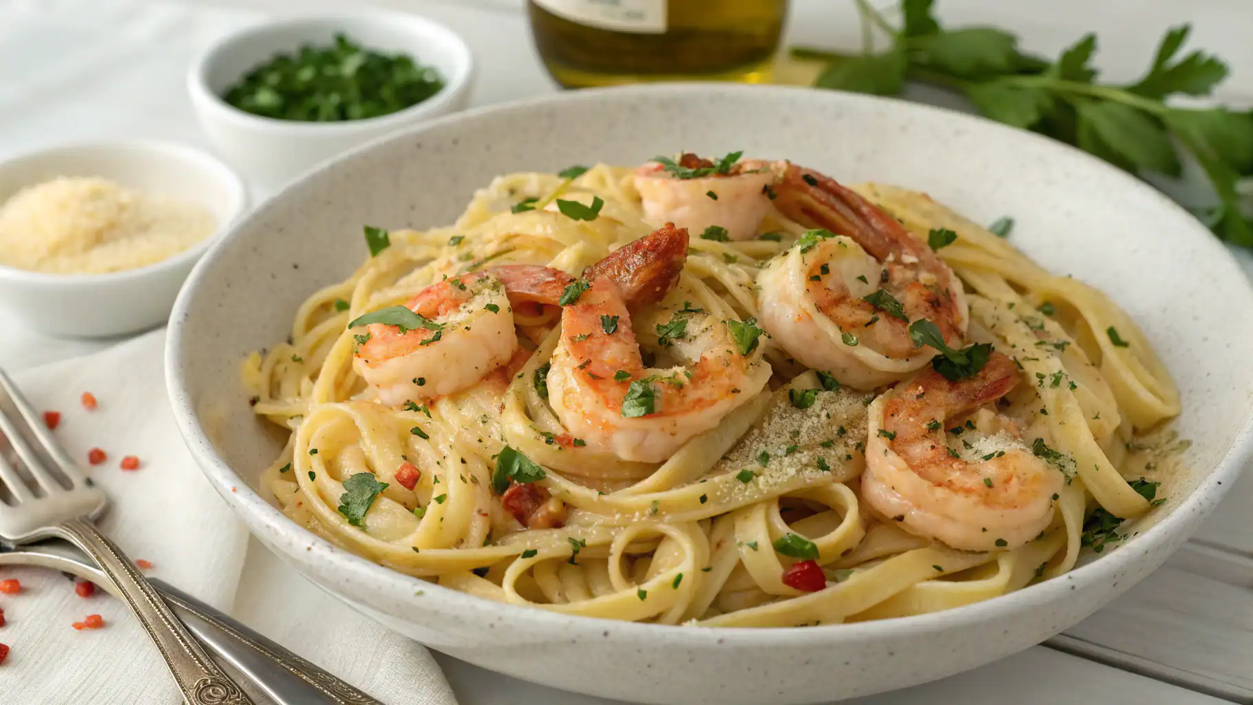Succulent shrimp linguine pasta dish garnished with fresh herbs, served in a white bowl with grated cheese and seasoning on the side, perfect for seafood lovers and Italian cuisine enthusiasts.