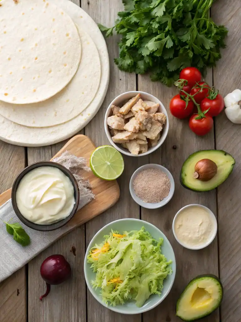 Fresh ingredients for a chicken taco, including flour tortillas, cooked chicken, tomatoes, avocado, lettuce, sour cream, shredded cheese, lime, and seasonings, arranged on a rustic wooden surface.