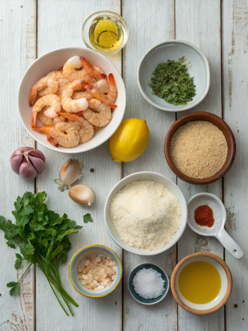 Fresh shrimp with garlic, lemon, parsley, and bread crumbs, ready for cooking. Ingredients also include garlic cloves, salt, olive oil, spices, and lemon for flavorful seafood dishes. Perfect for recipes on Recipestang.