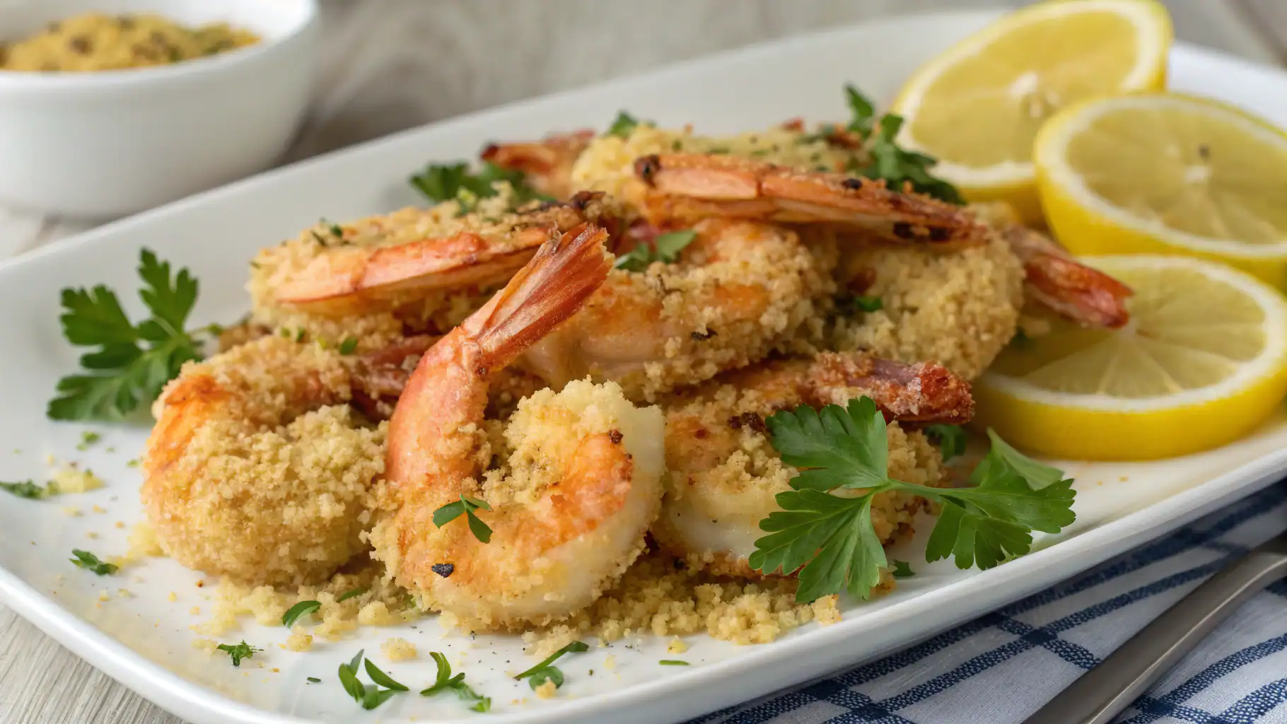 Crispy baked shrimp with lemon slices, garnished with fresh parsley, served on a white platter for a delicious seafood dish.