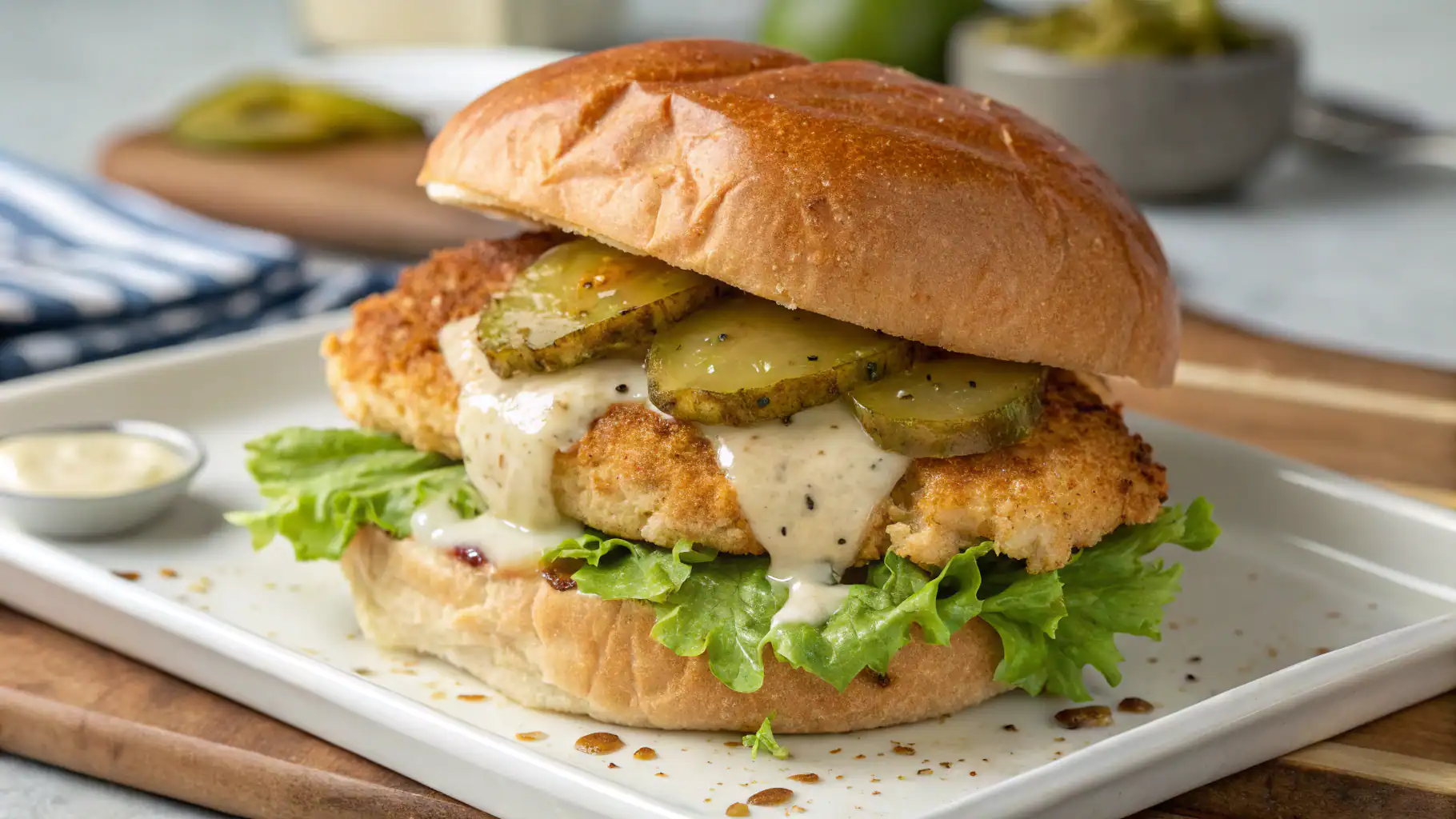 Golden fried chicken sandwich with pickles, lettuce, and creamy sauce on a soft bun. Perfect for a flavorful and crunchy meal, garnished with fresh greens and served with a side of dipping sauce.