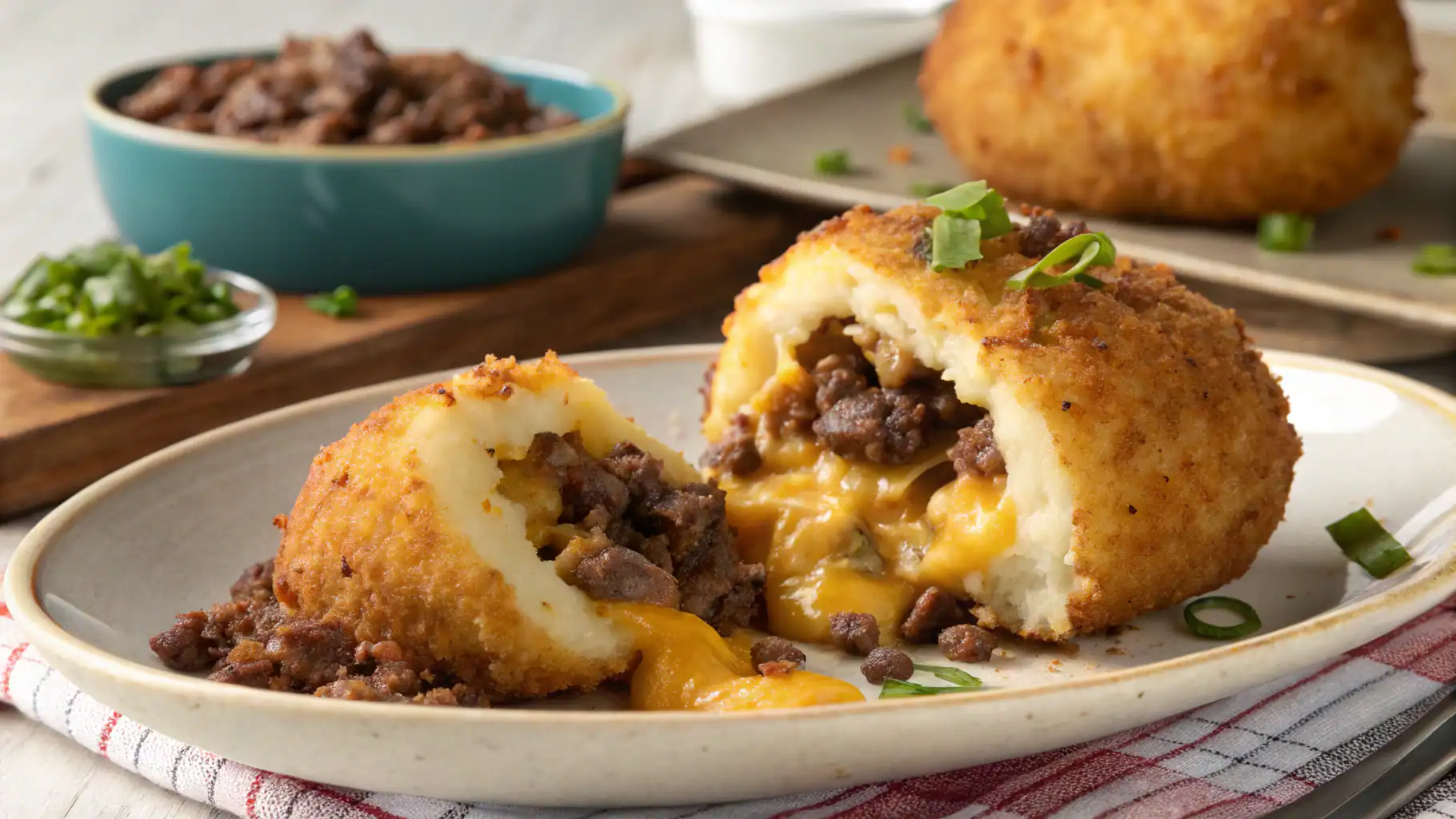 Creamy mashed potato croquettes stuffed with seasoned ground beef and melted cheese, garnished with green onions, served on a beige plate. Perfect comfort food with crispy exterior and savory filling.