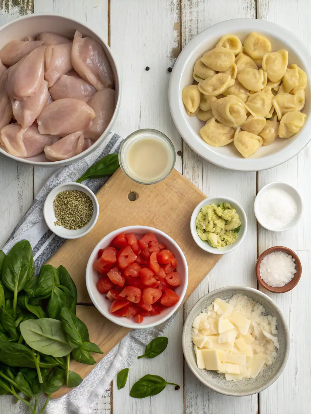 Fresh chicken and dumplings ingredients display, including raw chicken thighs, tortellini pasta, chopped tomatoes, fresh basil, grated cheese, and various seasonings on a rustic wooden surface.