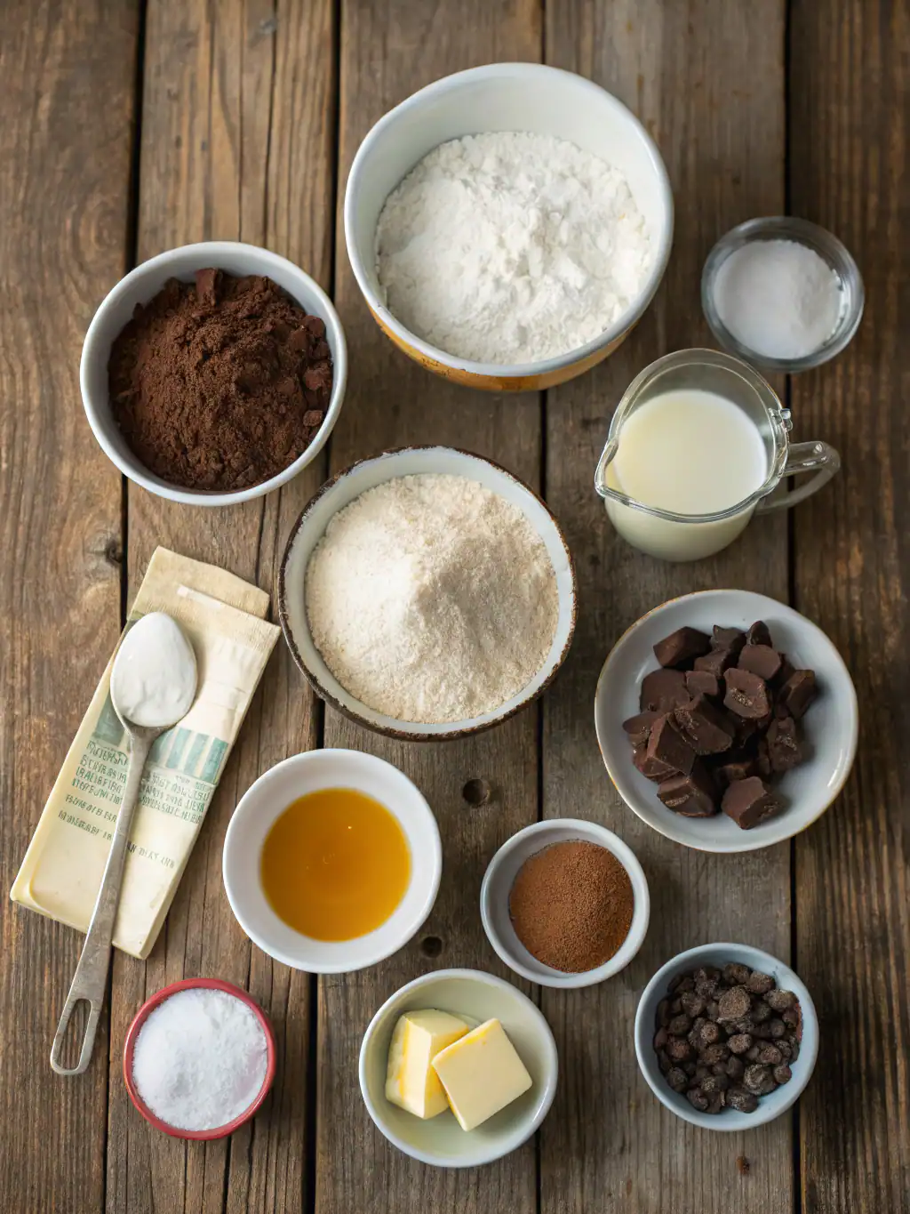 Rich chocolate baking ingredients with flour, cocoa, butter, milk, and chocolate chunks on rustic wooden table. Ideal for baking cookies, cakes, and brownies from Recipestang recipes.