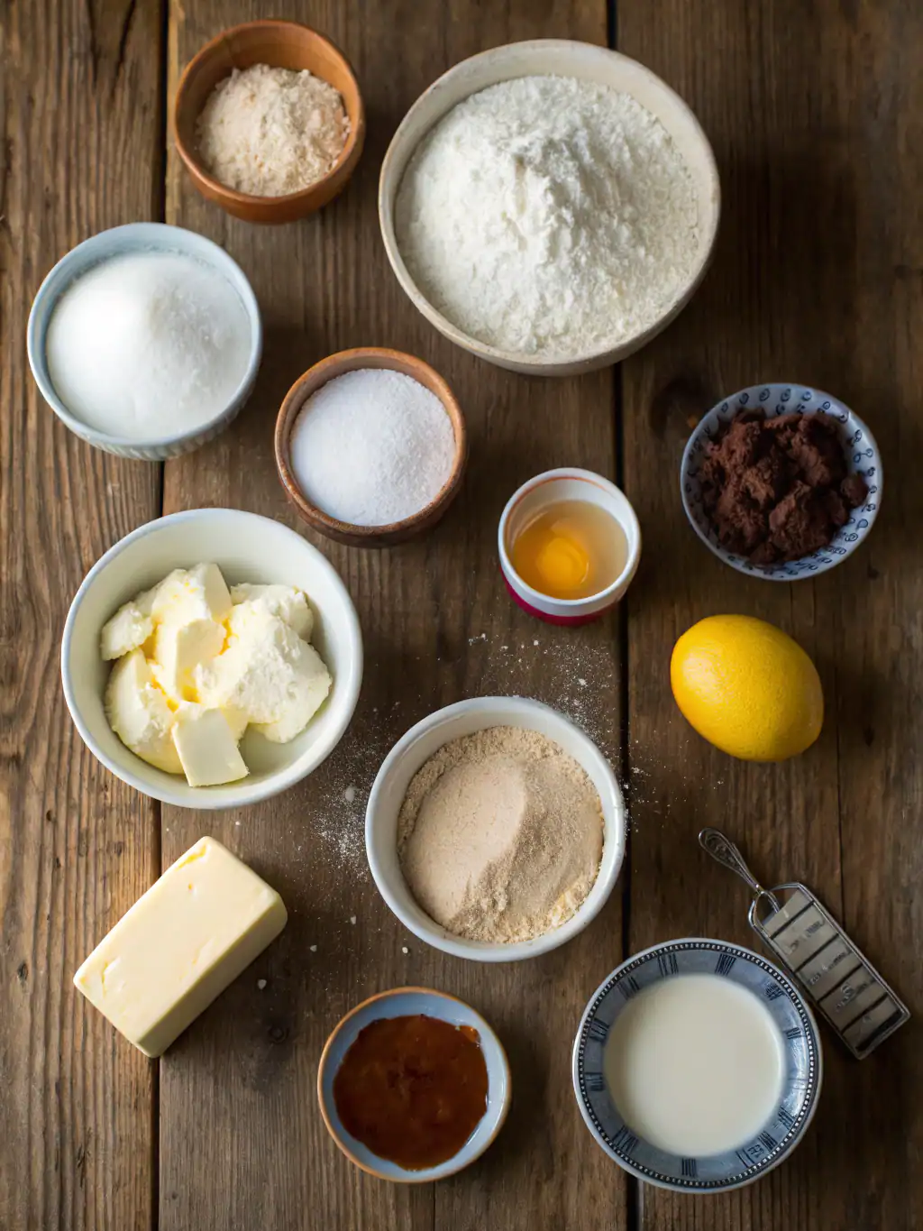 Flour, sugar, butter, eggs, milk, cocoa powder, vanilla, and leavening ingredients for baking, arranged on a rustic wooden surface for recipe preparation.