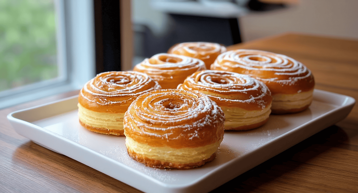 Buttery spiral puff pastries with powdered sugar on a white rectangular plate, fresh from the oven, perfect for breakfast or desserts.