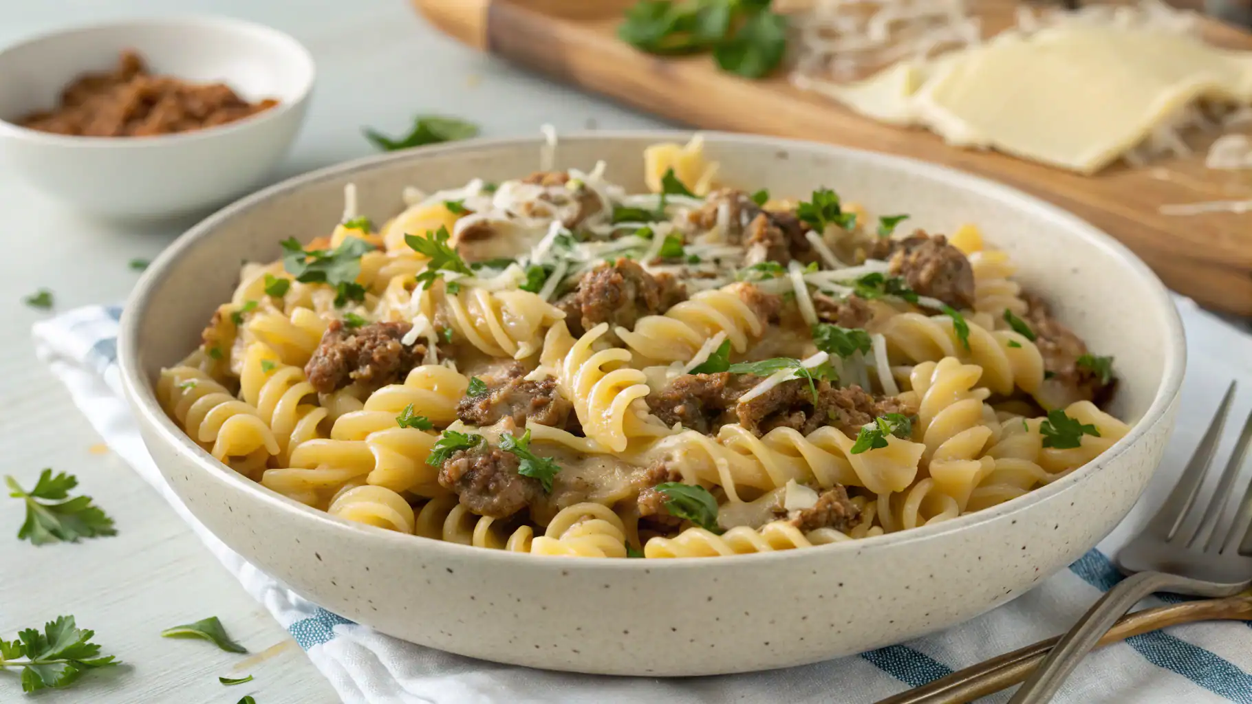 Creamy beef and pasta fusilli dish garnished with fresh parsley, served in a beige bowl with shredded cheese, garlic bread, and additional ingredients in the background.