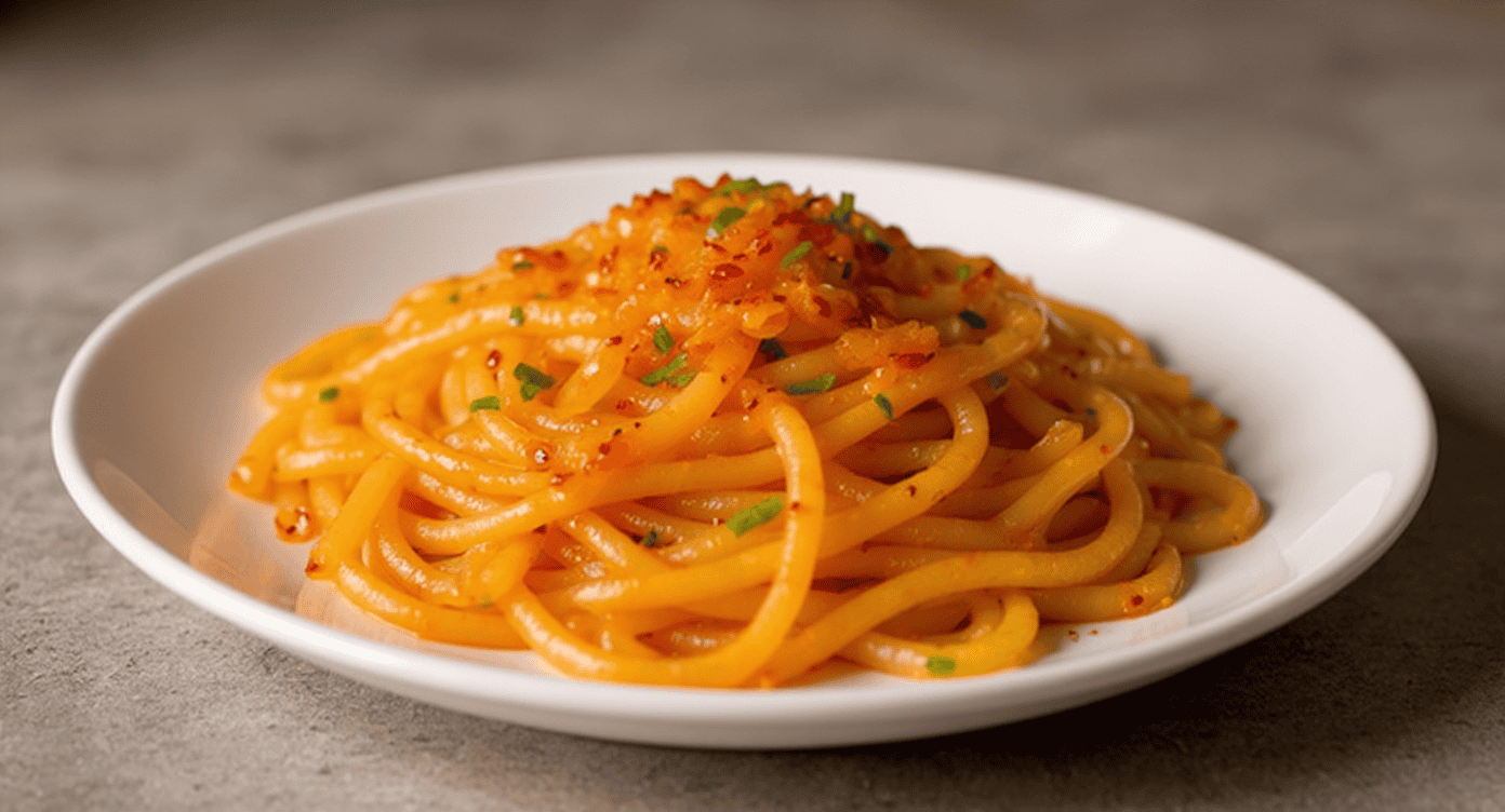 Creamy spaghetti with chili flakes and chopped chives served on a white plate for an authentic Italian pasta dish. Perfect for quick and delicious meals.