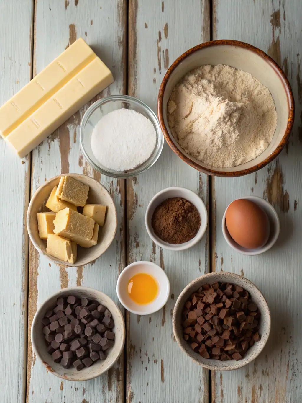 Cream butter and sugar until fluffy for rich baking recipes. Gather high-quality cocoa, flour, eggs, butter, and chocolate chunks for delicious homemade desserts. Perfect ingredients for baking with Recipestang.
