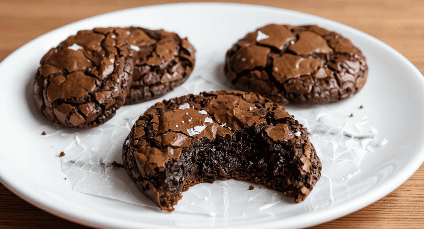 Rich chocolate cookies with cracked surfaces on a white plate, one cookie broken to reveal gooey, melted chocolate interior, perfect for dessert or sweet snack.